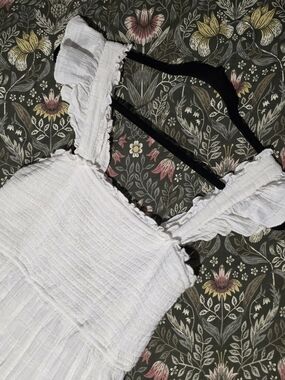 100% Cotton Lined White Ruffled Sundress With Crochet Accent